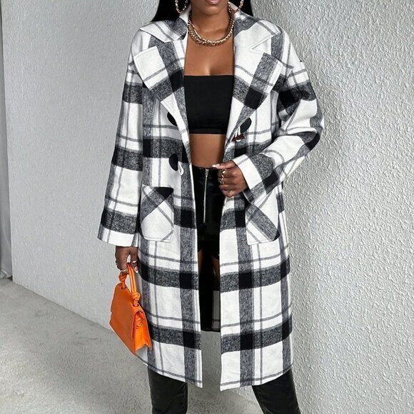 Plaid Print Drop Shoulder Overcoat Multicolor - Picture 1 of 6